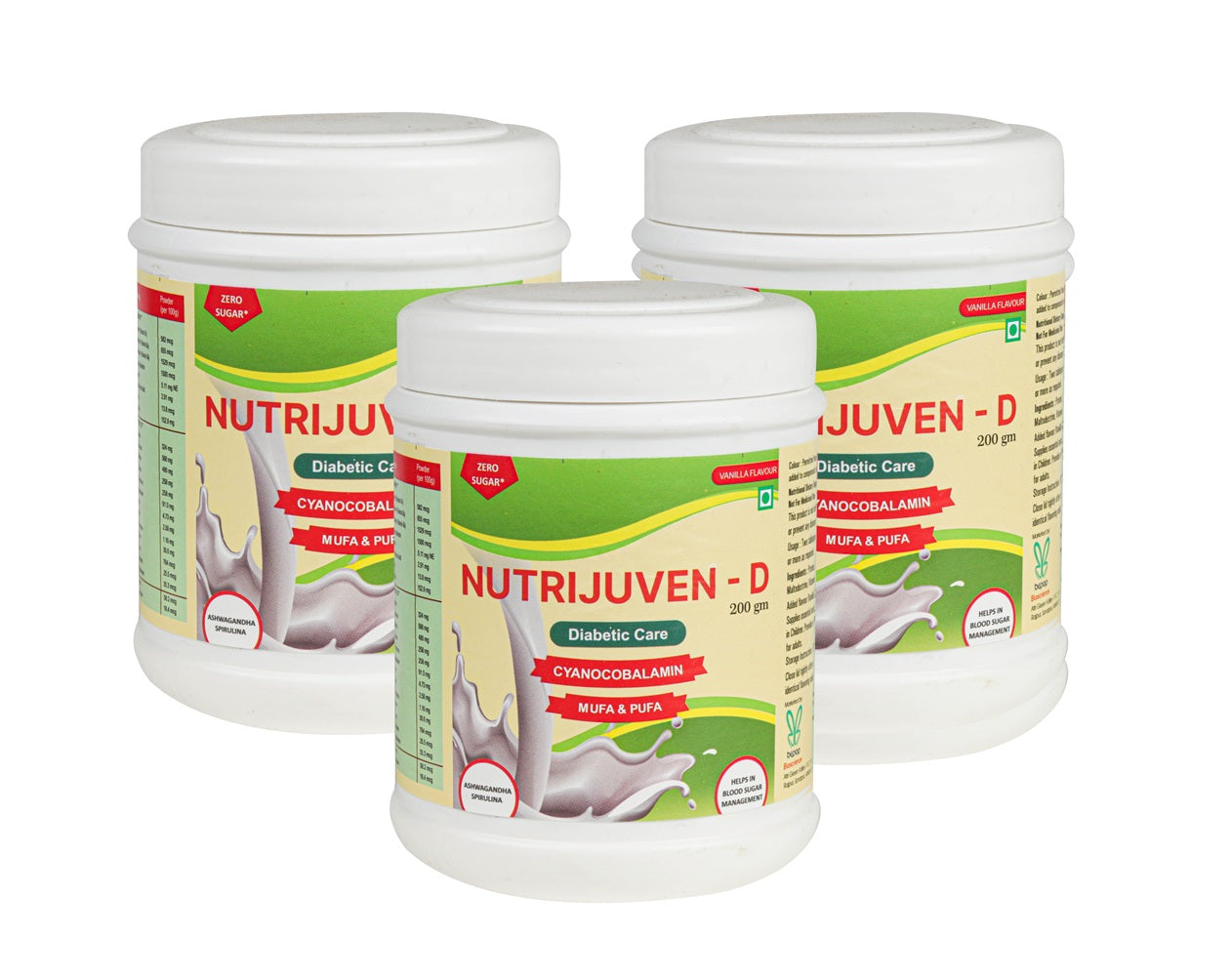 Nutrijuven-D I Diabetic Care I Protein Supplement with added benefits of Divine Herbs like I Ashwagandha with Zero Sugar I Vanilla 200 GM Pack of 3
